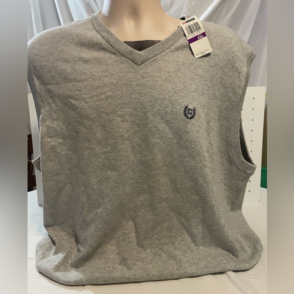 Grey V-Neck Knit Sweater Vest with Embroidered Crest